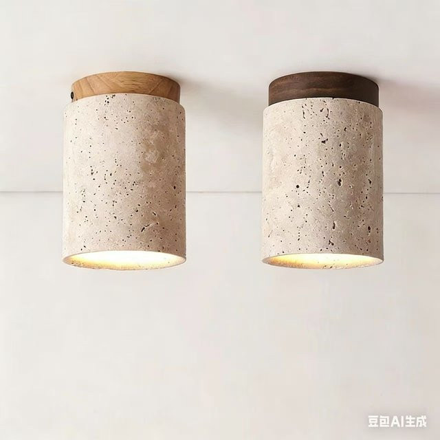Runde LED-Deckenleuchte im japanischen Stil aus Stein und Holz in Beige als minimalistische Aufbauleuchte für Wohnzimmer, Flur und Balkon - Bild 1