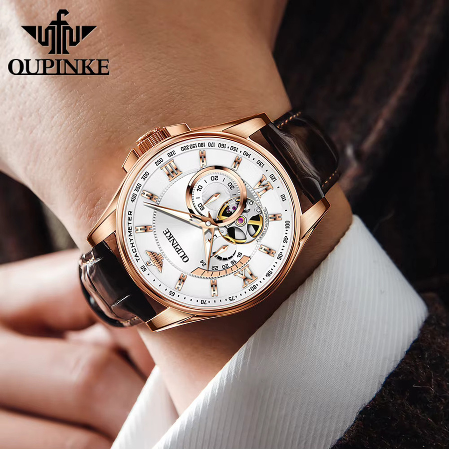 OUPINKE Armbanduhr Automatik, Leder, Blau, Roségold, Herren - Bild 4