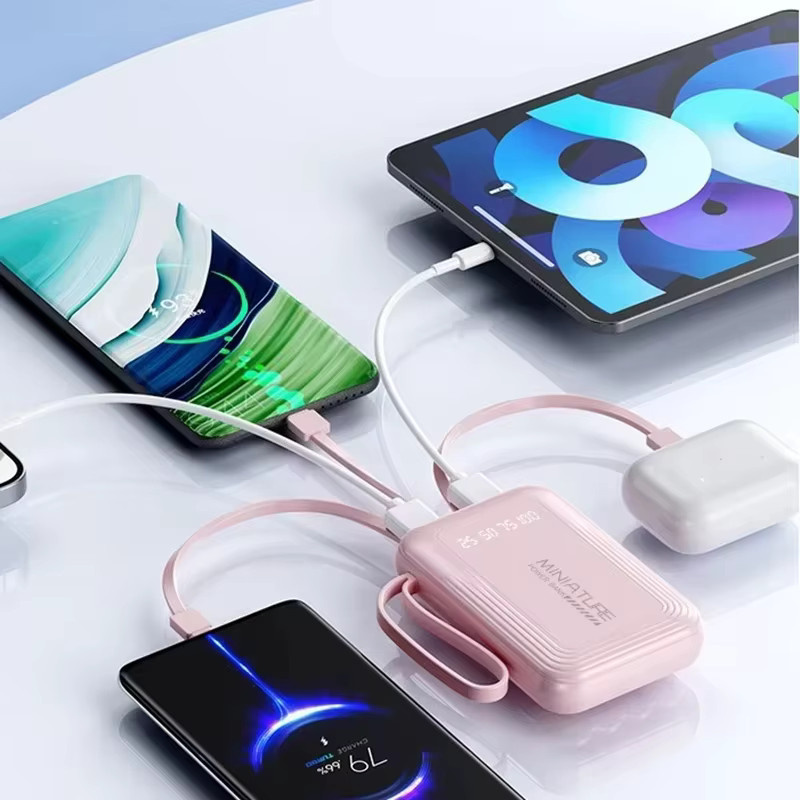 Lenovo Mini Powerbank mit 10000 mAh und integrierten Kabeln in Pink mit LED-Digitalanzeige und Schnellladefunktion - Bild 2