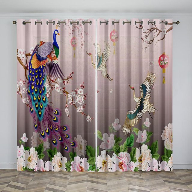 A Family Of Home Textiles Sonnenschutzvorhänge mit Pfauenmotiv und 3D-Druck, 2er-Set, halbtransparent, Multicolour, B: 50 cm, H: 60 cm - Bild 1