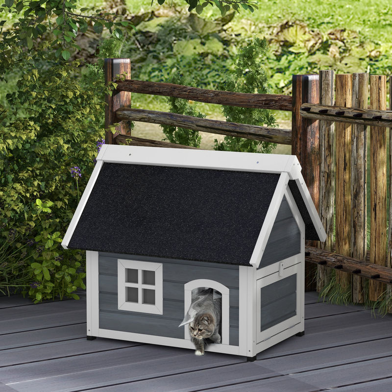 PawHut Katzenhaus aus Holz in Grau mit wetterfestem Asphaltdach und 3 Türen, B/T/H: 77 x 57,5 x 68 cm - Bild 2