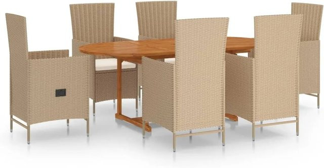 vidaXL 7-tlg. Garten-Essgruppe aus Poly Rattan und Akazien-Massivholz in Beige und Cremeweiß - Bild 1