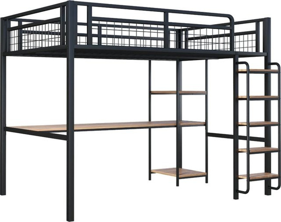 KOMHTOM Hochbett mit Treppe und Tisch in Schwarz, B/T/H: 140 x 200 x 182,5 cm