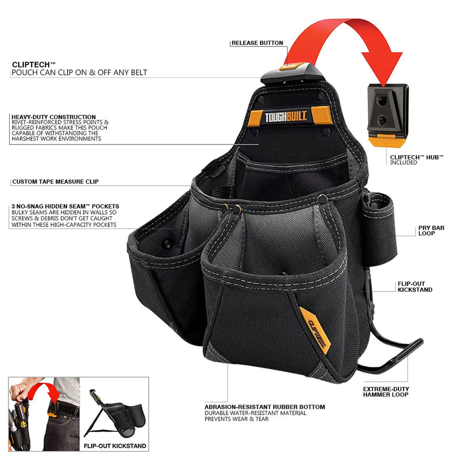 TOUGHBUILT ClipTech Framer Pouch TB-CT-02 Werkzeugtasche mit 6 Fächern, Hammerschlaufe und Ständer für Tischler - Bild 4