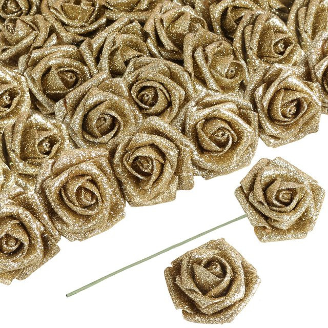 60 Stück Künstliche Glitzerrosen in Gold, Schaumrosen mit Stiel für Hochzeitsdekoration und DIY-Projekte - Bild 1