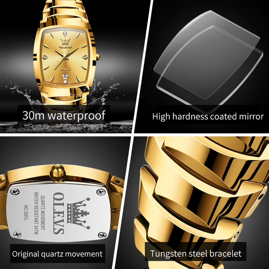 OLEVS Armbanduhr Tonneau, Quarz, Edelstahl, Gold, Schwarz, Herren - Bild 5