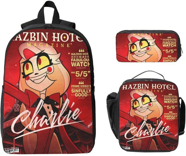 Fancy Style Studio Hazbin Hotel Schultaschen Set mit Rucksack, Federmäppchen und Brotdose für Kinder, 3-teilig, Mehrfarbig - Bild 1