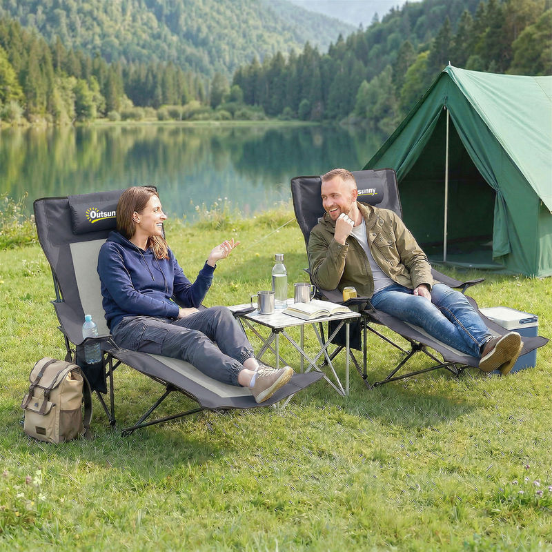 2er Set Outsunny Campingstühle faltbar in Grau mit verstellbarer Rückenlehne, Fußablage, Kopfstütze und Getränkehalter, Liegestühle für Erwachsene bis 120 kg - Bild 2