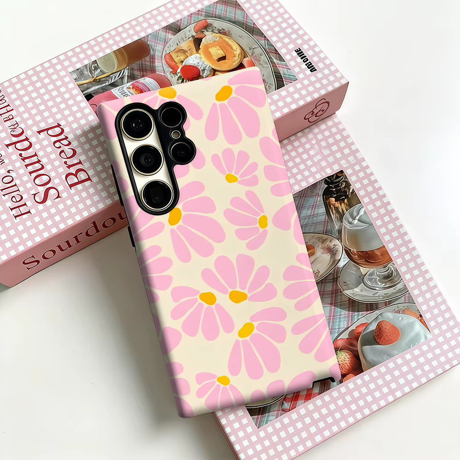 Stoßfeste Doppelschicht Handyhülle mit Gänseblümchen-Design für Samsung Galaxy S25 Ultra, S24 und S23 Ultra Plus in Pastellrosa - Bild 2