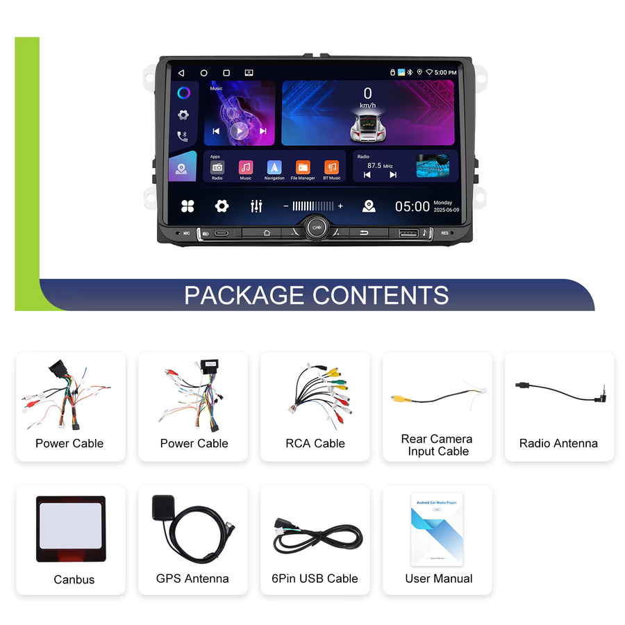 Podofo 9 Zoll Android Autoradio mit 4 GB RAM und 64 GB Speicher, Wireless CarPlay und Android Auto, Schwarz, mit GPS, Bluetooth, WiFi und DSP Multimedia Player für dein Fahrzeug - Bild 5