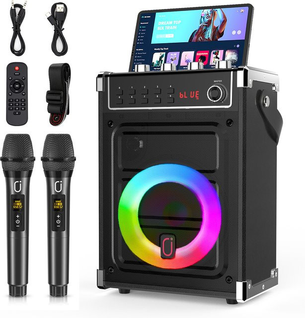 JYX 69 Karaoke-Maschine in Schwarz mit 2 UHF Drahtlosen Mikrofonen, Bluetooth-Lautsprecher mit Bass-, Höhen- und Echo-Einstellung sowie LED-Licht - Bild 1
