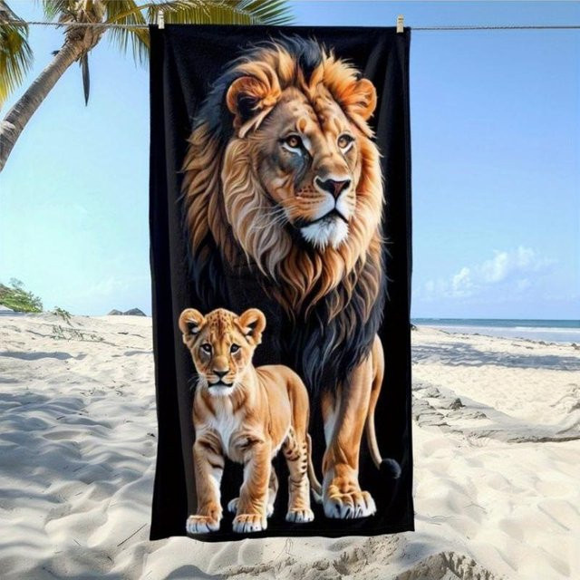 JMG Household Supplies Strandtuch aus Mikrofaser mit Afrikanischem Löwenfamilien-Print, Mehrfarbig, B/H: 130 x 80 cm - Bild 1