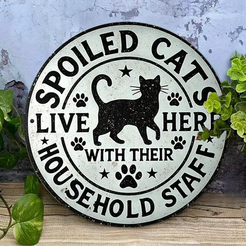 DDPNKL Vintage-Eisenschild Wanddekoration mit schwarzer Katzensilhouette und Aufschrift Spoiled Cats Live Here, rund, Metall, Durchmesser: 30 cm, Höhe: 30 cm, Breite: 30 cm - Bild 4