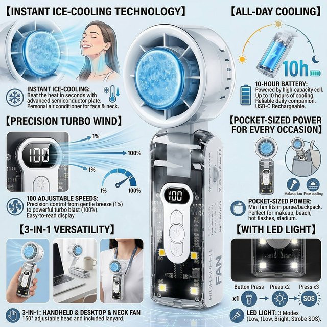 Fireurus Handventilator mit 3600 mAh Akku, stufenloser Geschwindigkeitsregelung, LED-Anzeige und Nachtlicht, USB wiederaufladbar, Weiß - Bild 1