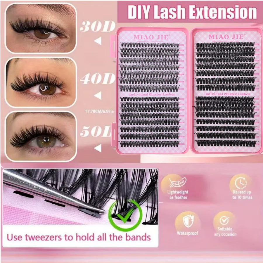 MIAOJIE Wimpernverlängerungsset, Wimperncluster, D-Curl, 9–16 mm, Black - Bild 6