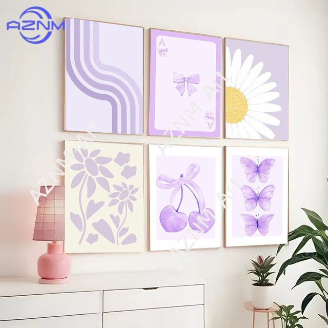 KAYOU Wandkunst Leinwanddruck Aquarell-Lila-Schleifen-Ballon-Welpen Preppy Poster für das Mädchenzimmer - Bild 1