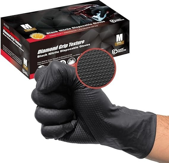 YUMARCH Nitril-Einweghandschuhe in Schwarz, latexfreie Mechaniker-Handschuhe mit Diamantstruktur für Industrie und Handwerk, Größe M - Bild 1