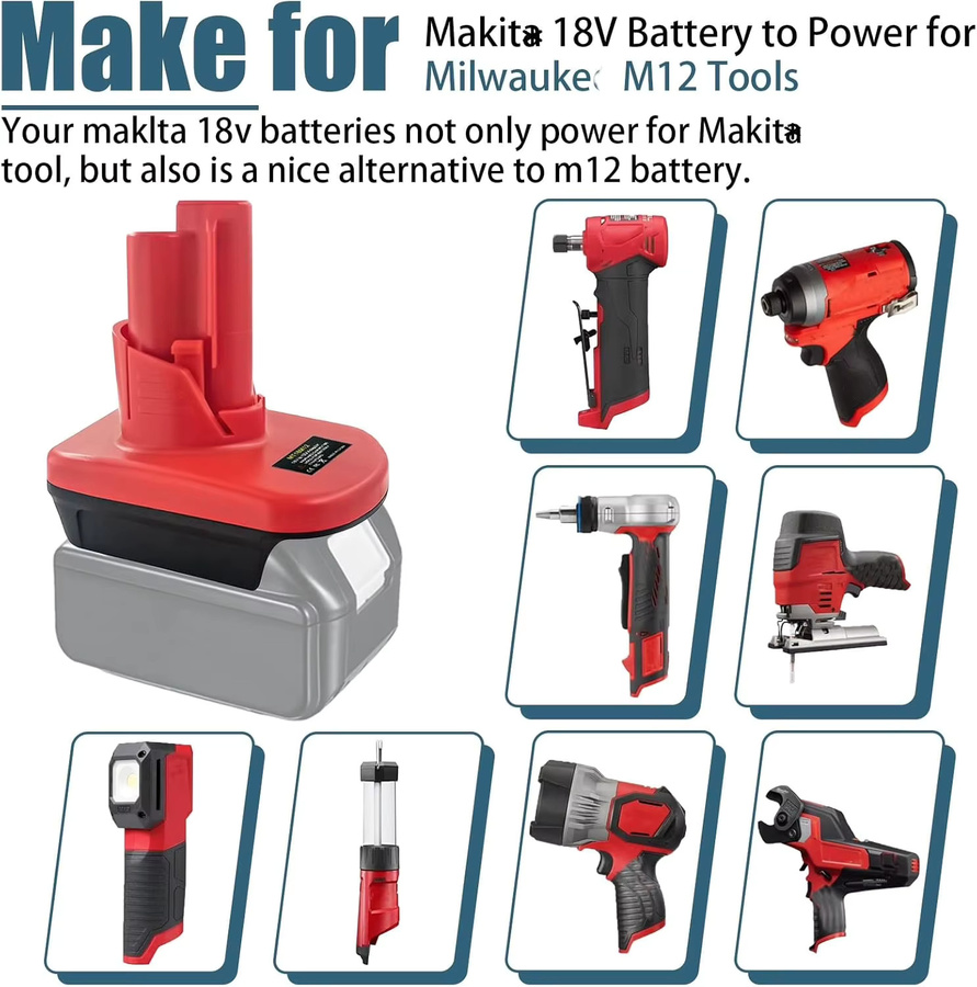 Akku-Adapter MT18M12 von Makita für 18V Li-Ion Akkus BL1850 und BL1860 zu Milwaukee M12 12V Werkzeugen, roter ABS-Konverter - Bild 3