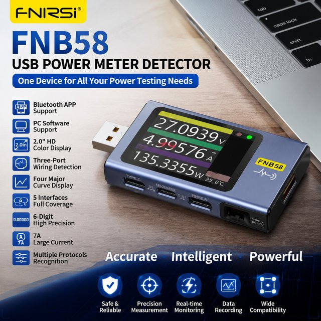 FNIRSI FNB58 FNAC-28 USB-Tester Voltmeter Amperemeter mit USB-C und USB-A für PD Schnellladungs-Trigger sowie Kapazitäts- und Leistungstests von Powerbanks - Bild 1