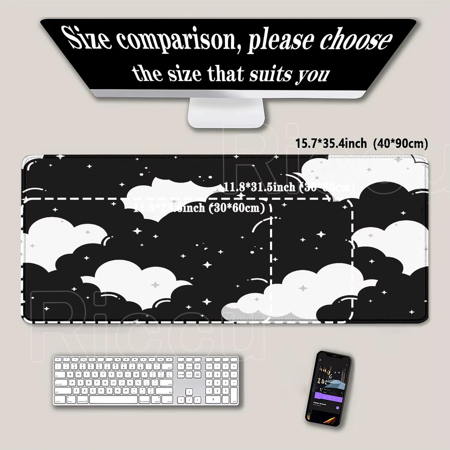 Riccu Kawaii Wolken Mauspad XXL in Schwarz und Weiß für Gaming und Büro - Bild 2