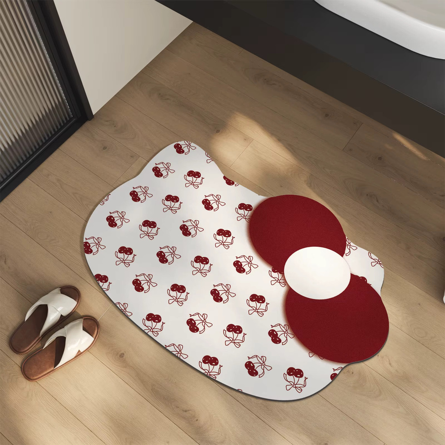 Rutschfeste Badezimmermatte mit Katzen-Bowknot und Kirschdruck, schnell absorbierend und schnell trocknend, Farbe: Weiß - Bild 2