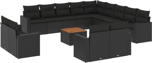 vidaXL 14-tlg. Garten-Sofagarnitur in L-Form aus Polyrattan und Akazienholz mit Kissen, Schwarz - Bild 1