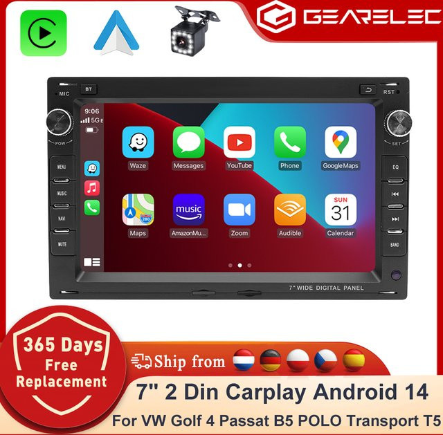 GEARELEC 2 Din Android 14 Autoradio mit 7 Zoll Display für Volkswagen VW Passat B5 MK4 MK5 Golf 4 Polo Bora T5, Schwarz, mit WiFi, Bluetooth und GPS - Bild 1