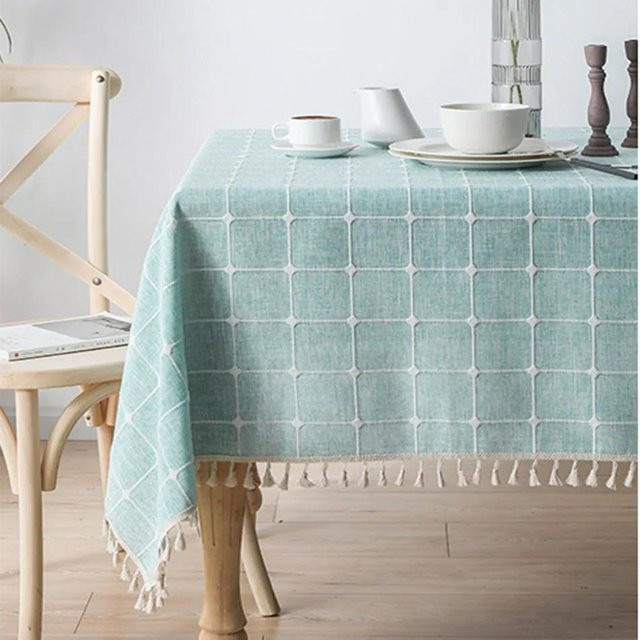 Quadratische Tischdecke aus Baumwollleinen mit Stickerei und Quasten von WW Clothing in Grau und Hellgrün, B/B: 90 x 90 cm - Bild 1