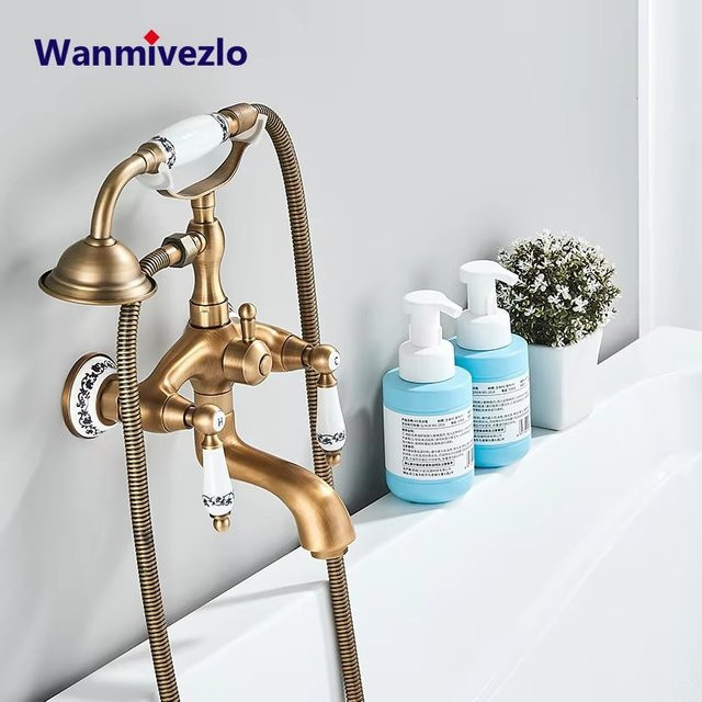Wanmivezlo Badewannen-Duscharmatur-Set aus Messing in Antique Brass Gold mit Doppelgriffen und schwenkbarem Wannenauslauf, wandmontierte Mischbatterie - Bild 1