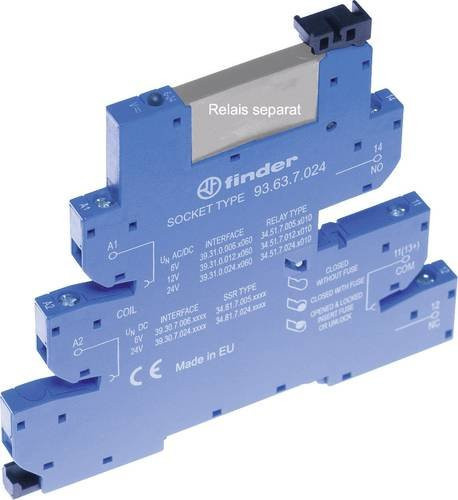 Finder Relaissockel 93.63.8.230 mit Haltebügel, LED und EMV-Entstörbeschaltung, passend für Serie 34, Blau - Bild 1