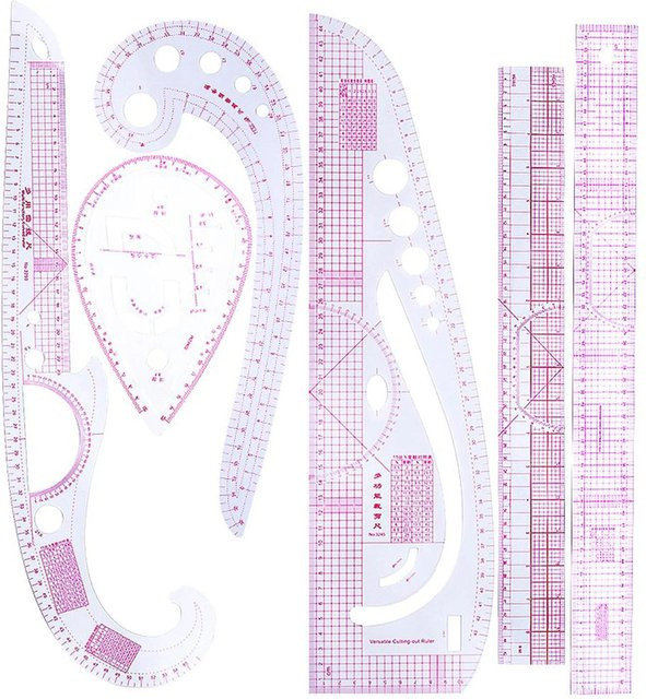 6er Set Französisches Metrisches Lineal Set aus Kunststoff für Mode und Schneiderarbeiten, Kurvenförmige Passierlineale zum Nähen und Erstellen von Schnittmustern, Farbe: Weiß/Transparent - Bild 1