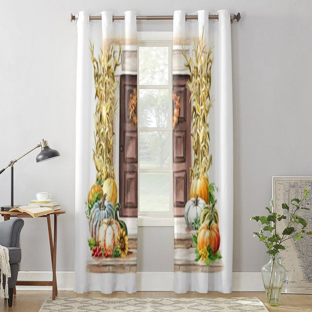 Super Six Fenstervorhang mit Herbstkürbis-Motiv in Beige, semi-transparent, Breite: 135 cm, Höhe: 60 cm - Bild 1