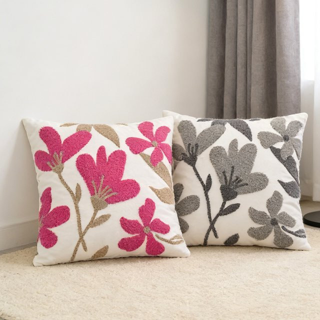 BUYNOW Bestickter Kissenbezug mit floralem Blumenmuster aus Polyester, Grau/Mehrfarbig, B/H: 45 x 45 cm - Bild 1