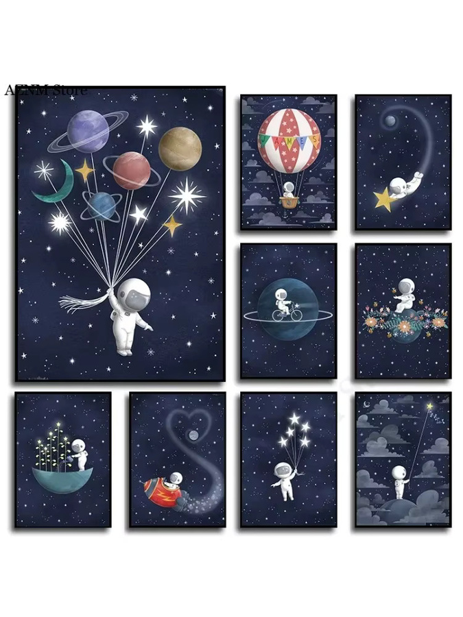 Potdemiel Leinwandgemälde mit Cartoon-Astronauten-Weltraummotiv, Mond und Sternen in Marineblau zur Kinderzimmer-Dekoration - Bild 3