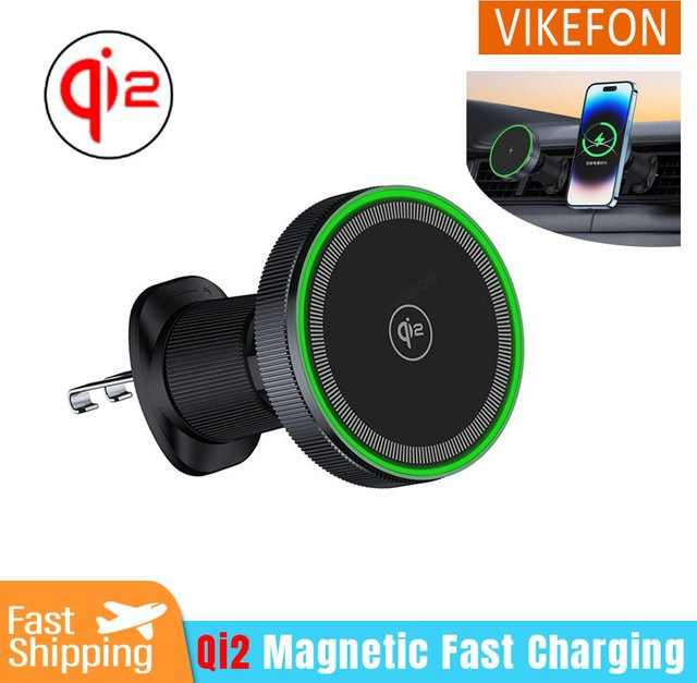 VIKEFON Qi2 Magnetisches kabelloses Autoladegerät mit LED-Licht und Kühlung für iPhone 16/15/14/13 Pro Max, Schwarz, Luftauslass-Halterung - Bild 1