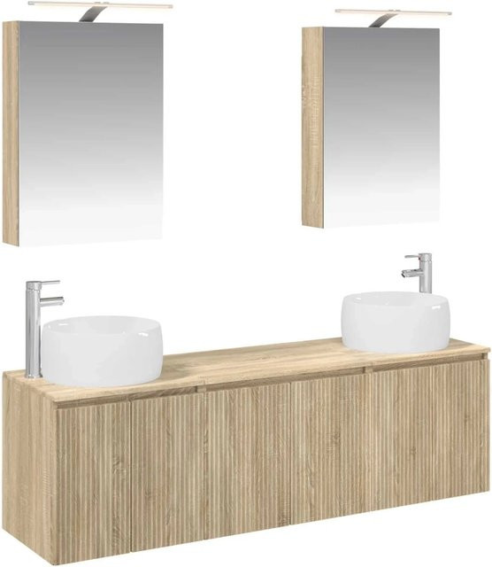vidaXL Badezimmerschrank-Set aus MDF in Sonoma-Eiche, 5-teiliges modernes Set mit Waschtischunterschrank, Wandunterschrank und Spiegelschrank mit LED-Beleuchtung, Braun, B/T/H: 70,0 x 52,24 x 44,5 cm, 44,5 x 44,5 cm - Bild 1