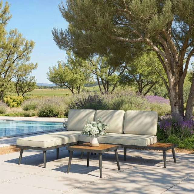 Bessagi Garden Loungegarnitur Sallie in Creme mit Akazienholz und Metall, L-Form Set bestehend aus 2-Sitzer Sofa, Eckelement und Couchtisch - Bild 1