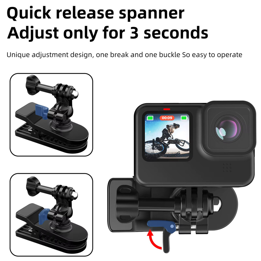 Sheingka 360 Grad Rotations Rucksack Clip Clamp Halterung in Schwarz für GoPro Hero 13 12 11 10 9 8 7 Insta360 und DJI Action Kameras - Bild 2