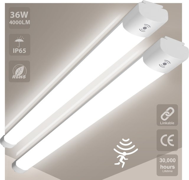 Oraymin 2er-Pack LED-Deckenleuchten mit Bewegungsmelder, wasserdichte LED-Lattenleuchte IP65, 36 W, 4000 lm, neutralweiß 4000 K, Länge: 120 cm, weiß - Bild 1