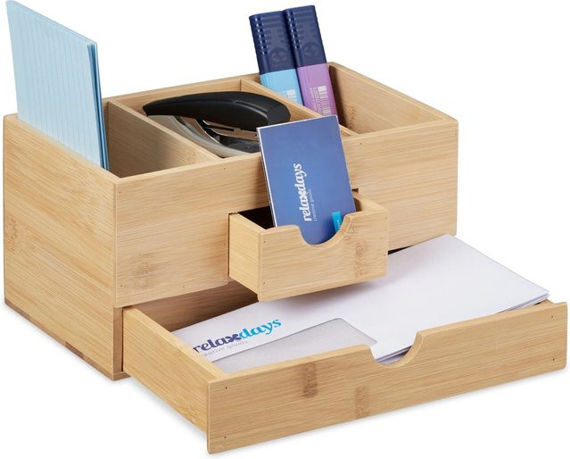 Relaxdays Schreibtisch Organizer aus Bambus in Natur mit Schubladen, B/T/H: 24 x 14,5 x 12 cm - Bild 1