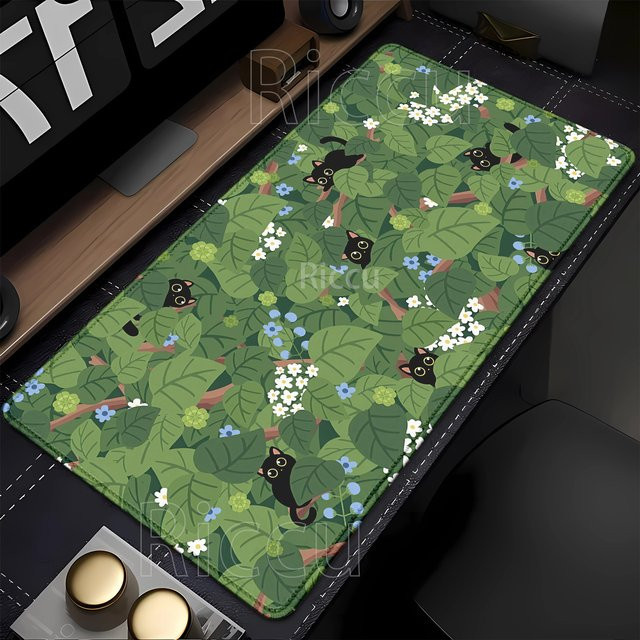 Riccu XXL Gamer Mauspad Anime Green Black Cat Design, B/T: 90 x 40 cm - Bild 1