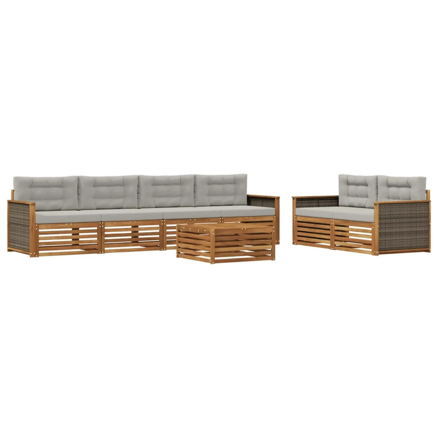 vidaXL Outdoor-Sofagarnitur aus massivem Akazienholz mit Kissen, 7-teiliges Set in Natur und Hellgrau - Bild 2