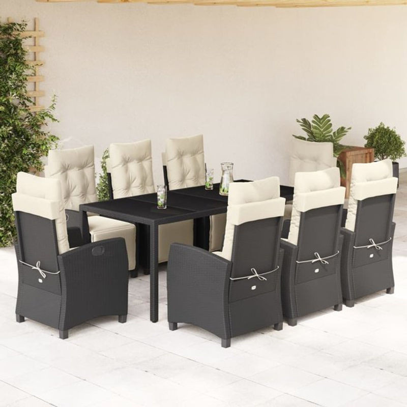 Vidaxl Gartenmöbel-Set mit Kissen aus PE-Rattan und Glas, 9-teilig, Schwarz - Bild 1