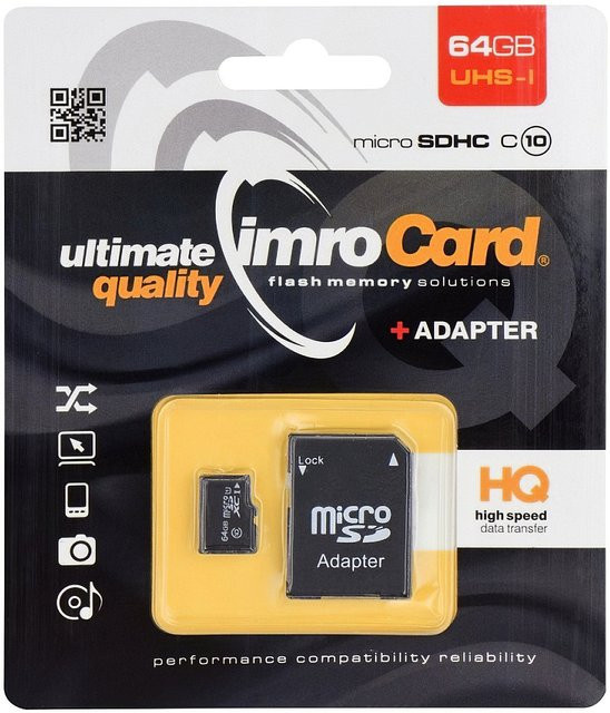 Imro microSDXC Speicherkarte 64GB Klasse 10 UHS-1 U1 in Schwarz mit Adapter - Bild 1