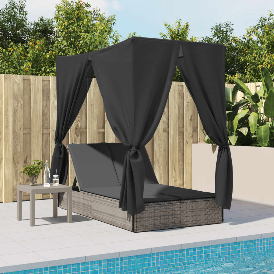 vidaXL Doppel-Sonnenliege aus Polyrattan mit Sonnendach und Vorhängen in Grau, B/T/H: 280 x 196 x 114 cm - Bild 6