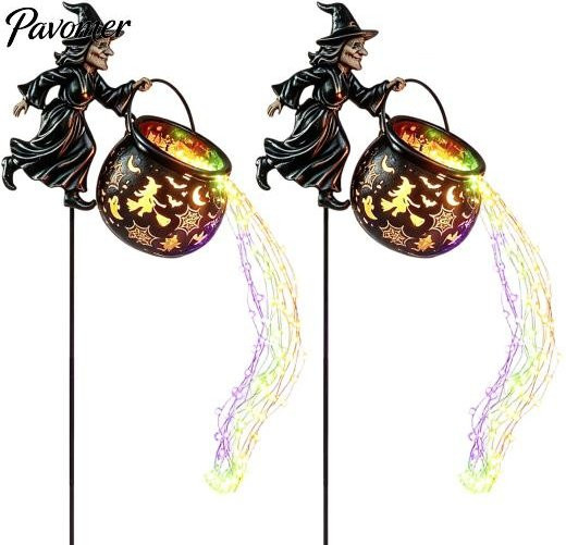 HonorBond Halloween Eisenhexe Kessel Statue Set mit LED Wegbeleuchtung, 2er Pack bunte Silhouette Gartenpfahl Dekoration in Schwarz und Multicolour - Bild 1