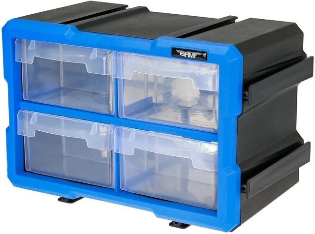 HMF STK200-02-05 Sortierbox für Kleinteile mit 4 Schubladen und 8 Fächern, transparent/blau, B/T/H: 29,5 x 19,5 x 16 cm - Bild 1