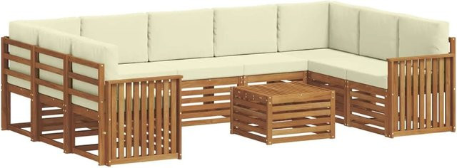 vidaXL Sofagarnitur 10-teilig L-Form aus Massivholz Akazie in Natur und Creme mit Polsterung und Kissen - Bild 1