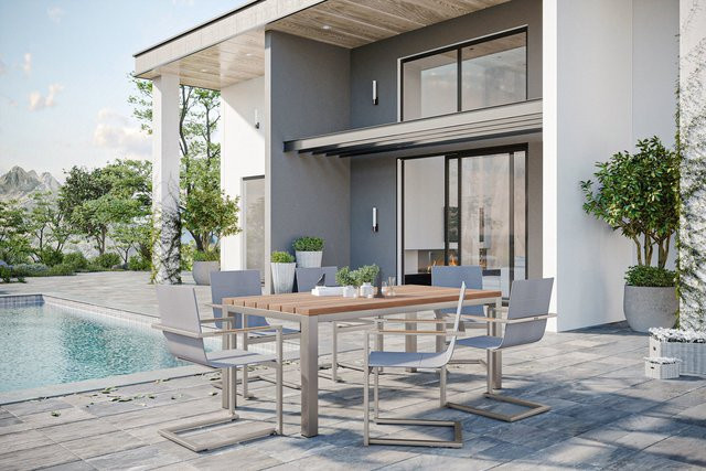 OUTFLEXX Garten-Essgruppe aus Edelstahl und Teakholz in Silber mit Tisch und 6 gepolsterten Freischwinger-Stühlen, Tisch Breite: 200 cm, Tiefe: 100 cm, Höhe: 76 cm - Bild 1