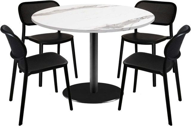 RestooTab Esstisch-Set Rome XL mit 4 Stühlen, runder Esstisch in Stein-Optik, weiß/grau/marmoriert mit schwarzem Gestell, Durchmesser: 120 cm, Höhe: 75 cm - Bild 1